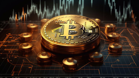a image of Bitcoin Cryptocurrency Physical bit coin. Digital currency. Golden coin with bitcoin symbol on digital circuit board. Cryptocurrency mining concept. Generative AIの素材