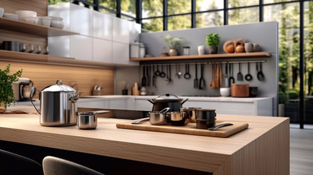 a image of 3d rendering of a modern kitchen interior design with wooden counter top Generative AIの素材