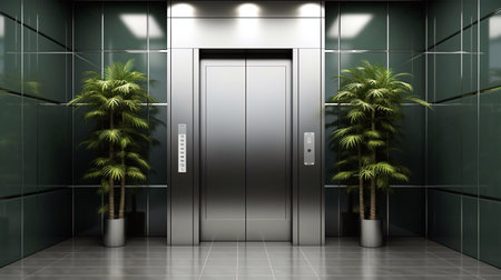 Digital composite of Elevator in modern office building with plants in front of elevator door Generative AIの素材