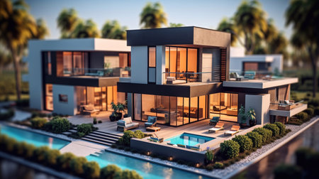 a image of 3d rendering of modern cozy house with pool and parking for sale or rent in luxurious style. Generative AIの素材