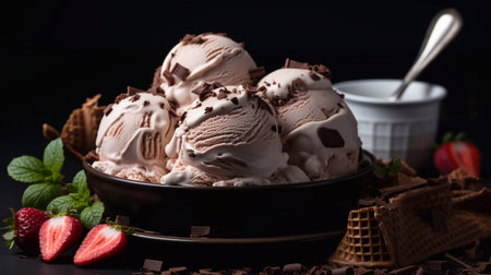 a image of Chocolate ice cream with chocolate topping in a bowl on black background Generative AIの素材