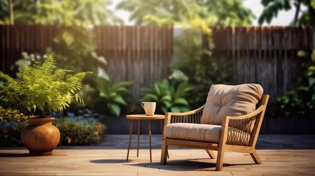 a image of Chairs And Umbrella In The Garden. 3d Rendering very important person place Generative AIの素材