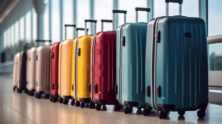 a photo of Row of colorful suitcases in airport terminal. Travel and vacation concept. Generative AIの素材