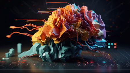 a picture of 3d illustration of human brain in abstract background with pie chart and bar charts Generative AIの素材