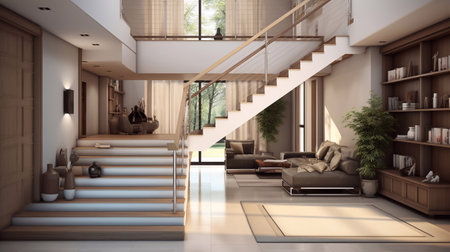a photo of Luxury interior design of living room with stairs. 3D rendering Generative AIの素材