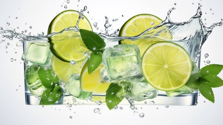 A image of Mojito with ice cubes and mint leaves in water splash on light background Generative AIの素材