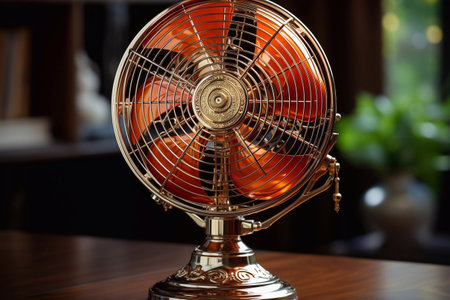A picture of old standing fan on antique machinery in factory room background Generative AIの素材