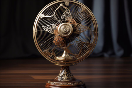 Photo of old standing fan on antique machinery in factory room background Generative AIの素材
