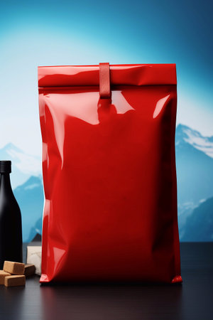 Red paper bag on table with mountains and bottle of wine in background Generative AIの素材