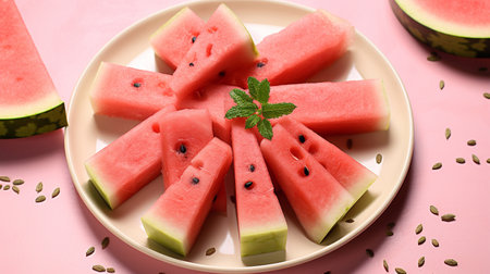 A image of Plate with tasty watermelon slices on pink background, closeup Generative AIの素材