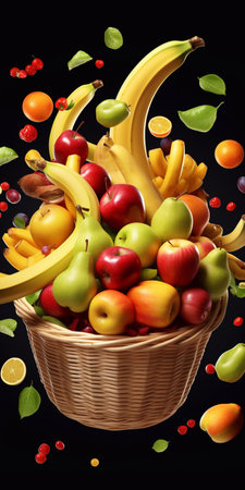 A image of fresh fruits in basket isolated on white background, mix fresh fruits like apple, banana, grapes and pear in basket generative AIの素材