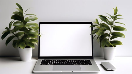 A photo of Laptop with blank screen on white table with coffee cup and plant. mockup and copy space Generative AIの素材