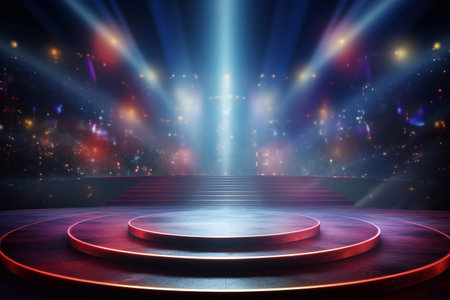 Stage with red carpet and spotlights, Stage Podium Scene Spotlights illuminate the stage Lighting equipment Stage Spotlight background Generative AIの素材