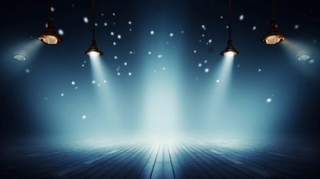Stage with red carpet and spotlights, Stage Podium Scene, Stage Background Spotlights illuminate the stage Lighting equipment Stage Spotlight Generative AIの素材