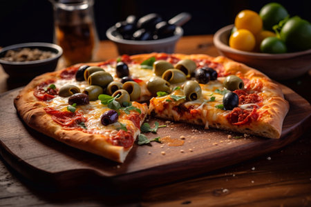 Pizza with salami, olives and mozzarella on wooden board pizza slice Generative AIの素材