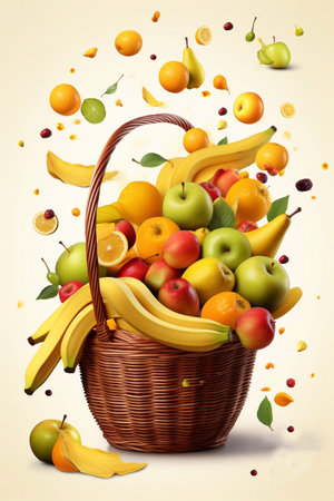 Picture of fresh fruits in basket isolated on white background, mix fresh fruits like apple, banana, grapes and pear in basket generative AIの素材