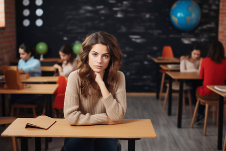 A picture of Thoughtful young woman looking at camera while sitting at table in classroom Generative AIの素材