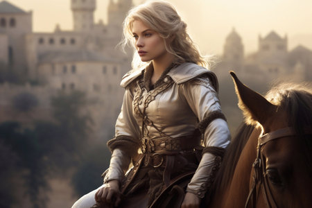 A shot of Beautiful girl in medieval costume with black horse on background of castle Generative AIの素材