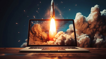 A photo of Rocket coming out of a laptop screen. Mixed media Generative AIの素材