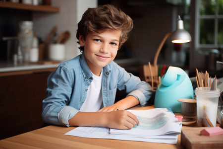 smiling preteen boy doing homework at table in kitchen at home Generative AIの素材