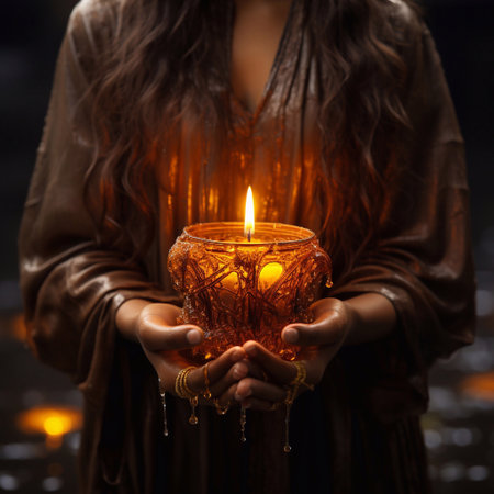 A image of Candle in the hands of a woman on a dark background Portrait of a beautiful little girl with a candle in her hands Generative AIの素材