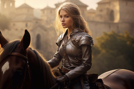 Beautiful girl in medieval costume with black horse on background of castle Generative AIの素材