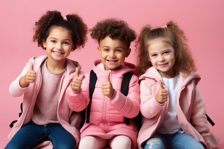 A photo of Portrait of a group of happy smiling children showing thumbs up isolated over pink background Generative AIの素材