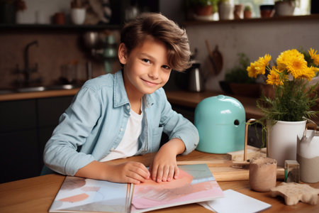 A photo of smiling preteen boy doing homework at table in kitchen at home Generative AIの素材