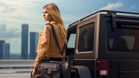 A shot of Beautiful young woman in a brown leather jacket with a black car. Generative AIの素材