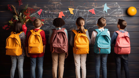 Back to school day concept. Group of children with backpacks on the background of the world map Generative AIの素材