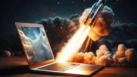 Image of Rocket coming out of a laptop screen. Mixed media Generative AIの素材