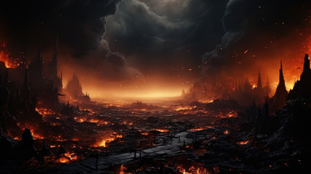 A image of Fantasy landscape with lava flow. 3D illustration. 3D CG. Generative AIの素材