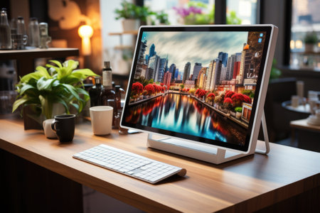 A photo of Modern computer with blank screen and coffee cup on wooden table in office Generative AIの素材