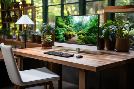 A photo of Modern computer screen with blank screen and coffee cup on wooden table in office Generative AIの素材