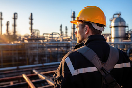 Back side Portrait of young Asian male engineer wearing safety helmet and standing against oil refinery background. Generative AIの素材