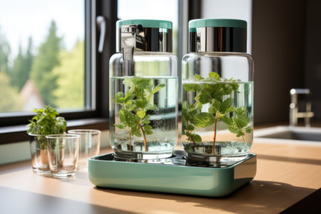 A photo of Water dispenser with fresh mint on table in kitchen, closeup Generative AIの素材