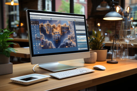 A picture of Modern computer with blank screen and coffee cup on wooden table in office Generative AIの素材