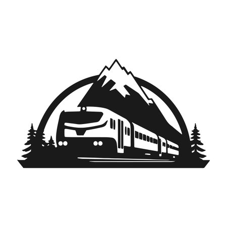 A logo of train in circle tram icon metro vector silhouette isolated design with mountainのイラスト素材