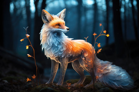 A image of Spirit of the fox at night in the forest Generative AIの素材