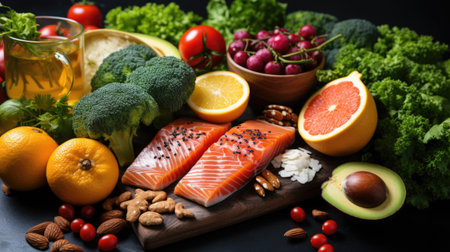 A photo of Food products that represent the nutrients in the diet. Generative AIの素材