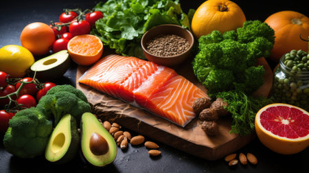 Food products that represent the nutrients in the diet Generative AIの素材