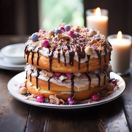 A image of Delicious chocolate cake with berries and nuts on wooden table, closeup celebration concept Generative AIの素材