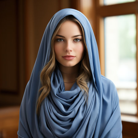 Portrait of beautiful young woman in blue dress Elegant lady in luxury interior bride wedding concept Generative AIの素材