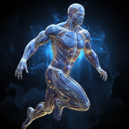 A picture of 3D render of a male figure with muscle maps on a dark background Generative AIの素材