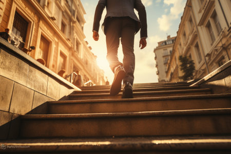 A image of Low section of young man running up stairs in the city at sunset Generative AIの素材