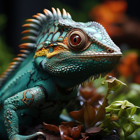 Turquoise chameleon on a dark background Close up. Generative AIの素材