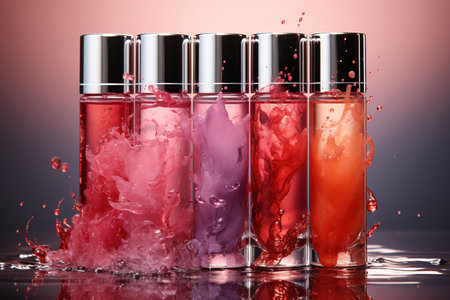 Bottles of cosmetic product with water splash on pink background 3D rendering. Generative AIの素材