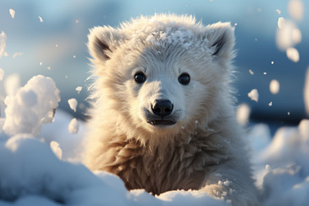 Cute Samoyed puppy on snow in winter forest closeup Generative AIの素材