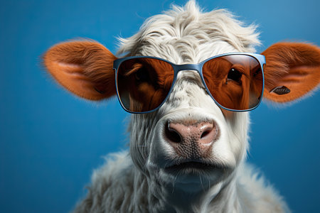 Portrait of a funny white cow wearing sunglasses on blue background Generative AIの素材