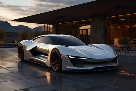 A shot of new modern electric car new design standing on road with trees Generative AIの素材